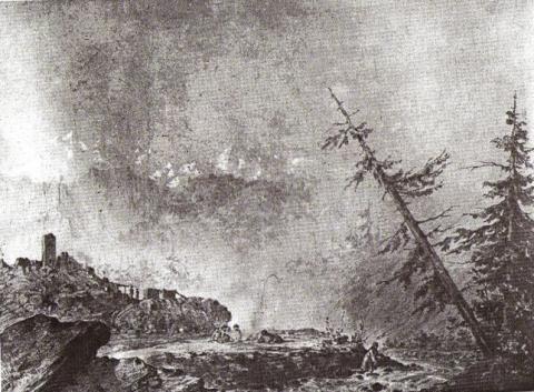 Аул в долине. 1847-1850. Карандаш, белила